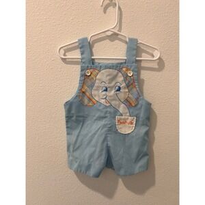 Vintage Peanuts Elephant Embroidered Baby Romper Light Blue Plaid Ears One Piece